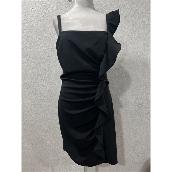 GUESS Ruffled Bodycon Dress Women's Black Solid Straight Neck Whimsigoth - Picture 1 of 16